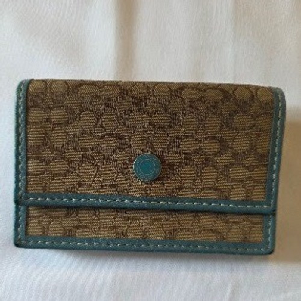 Coach Signature Jacquard Accordion Card Case Wallet Teal Leather Trim Khaki